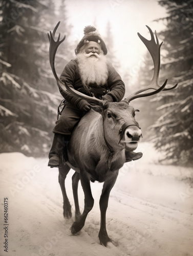 Santa Claus riding a reindeer in the early 1900s