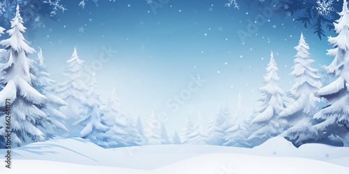 Winter landscape illustration card with snow-covered coniferous trees and undulating hills under a blue sky with falling snowflakes.