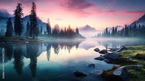  a lake surrounded by mountains and trees with a sunset in the background. generative ai