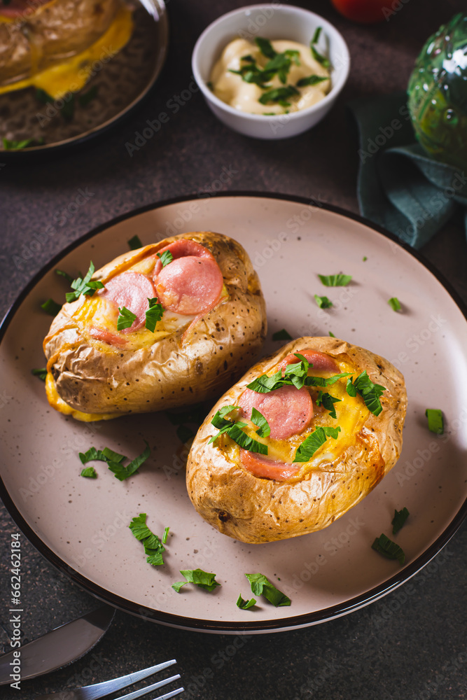 Baked potatoes in skins with egg and pieces of sausage on a plate on the table vertical view