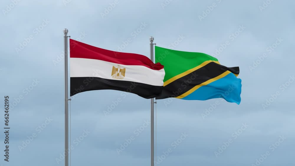 Tanzania and Egypt flag waving together on cloudy sky, endless seamless loop, two country cooperation concept