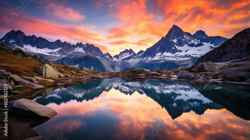  a mountain range is reflected in a still lake at sunset.  generative ai © Anna