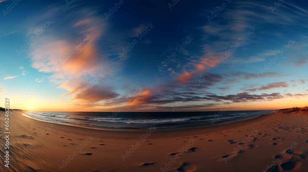 A wide angle view of a beach with footprints in the sand