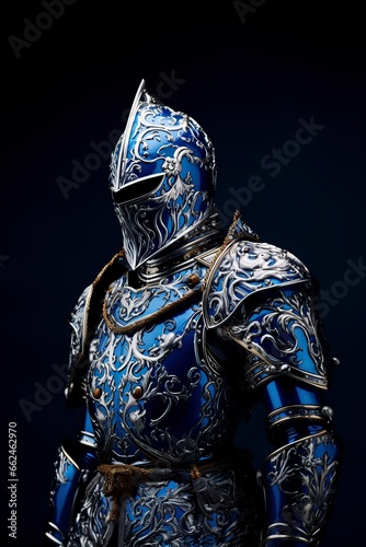 medieval knight in shiny metal armor on a blue background