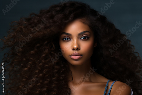 Beauty portrait of a black female model with flawless skin an beautiful hair. black background. black hair