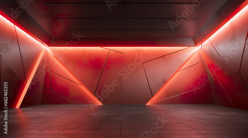 An empty salmon-colored wall with bright light on an elegant, minimalist background. 3D empty space and light floor for product presentation in a vibrant salmon tone and clean aesthetics. photo