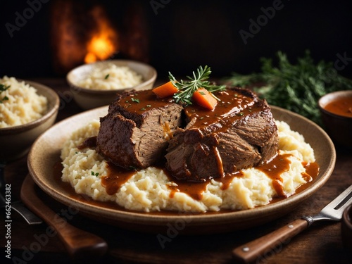 Pot roast, tender and falling apart, served with creamy mashed potatoes and a rich gravy