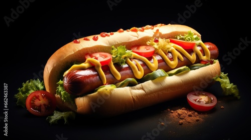  a hot dog with ketchup, mustard and tomatoes.  generative ai
