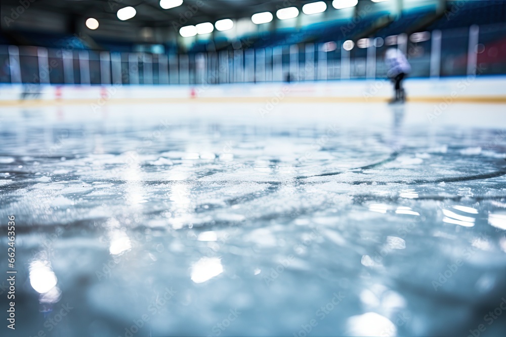 Ice hockey rink with blurred people on it, shallow depth of field, Close up of ice in hockey rink, AI Generated - obrazy, fototapety, plakaty 