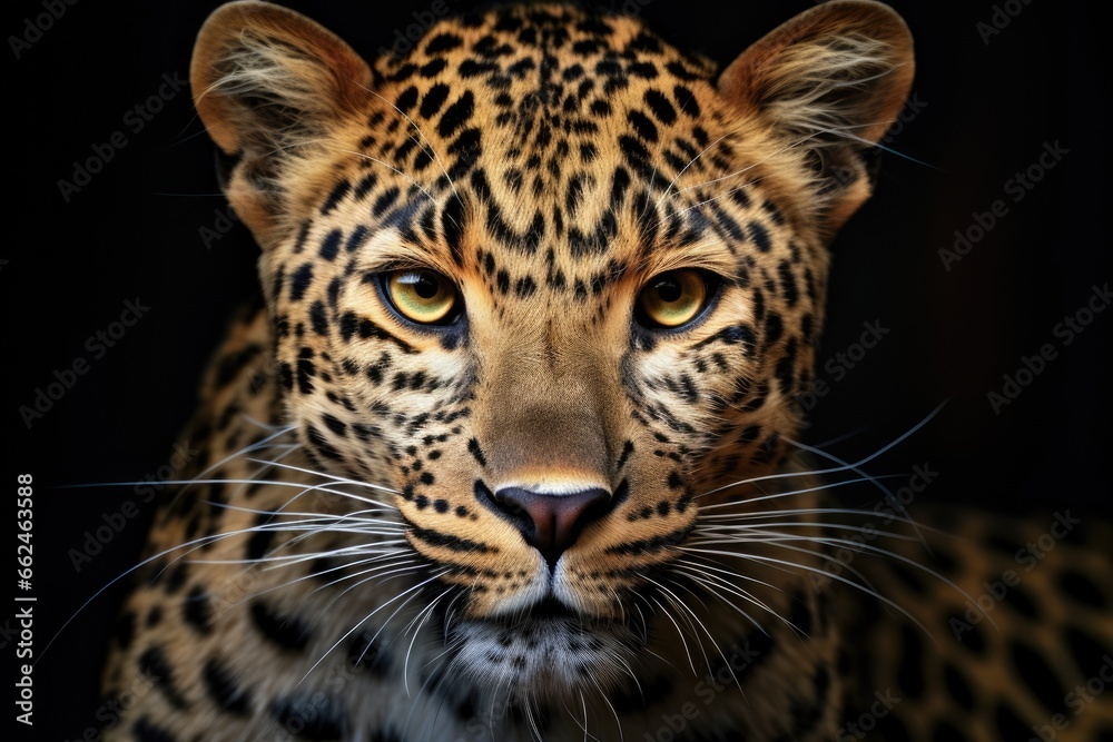 Naklejka premium Portrait of a leopard on a black background, close-up, close up portrait of a leopard head, AI Generated