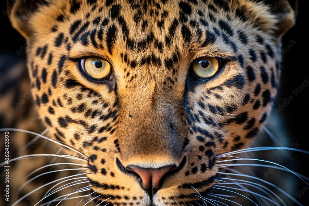 Naklejka premium Close up portrait of a leopard, Panthera pardus, close up portrait of a leopard head, AI Generated