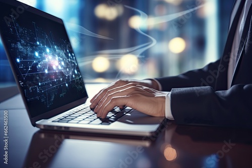 business, technology and internet concept - close up of businessman working with laptop computer in office, Close up of businessman hands typing on laptop keyboard. Network, AI Generated