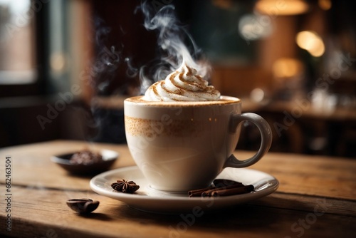 A steaming cup of coffee, with swirls of cream and a sprinkle of cinnamon
