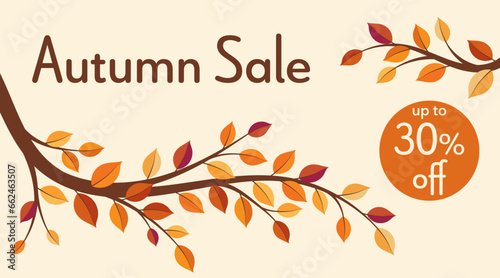 Autumn Sale up to 30% off - Schriftzug in englischer Sprache - Herbstschlussverkauf bis zu 30% Rabatt. Verkaufsbanner mit bunten Herbstzweigen.