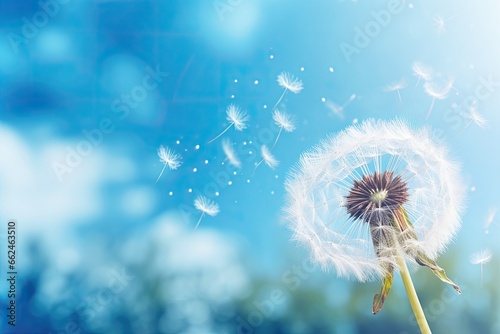 Dandelion flower on blue background with flying seeds, 3d rendering, close up of dandelion on the blue background, AI Generated