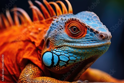 Close up of a blue iguana  also known as water dragon  close up of iguana orange blue  AI Generated