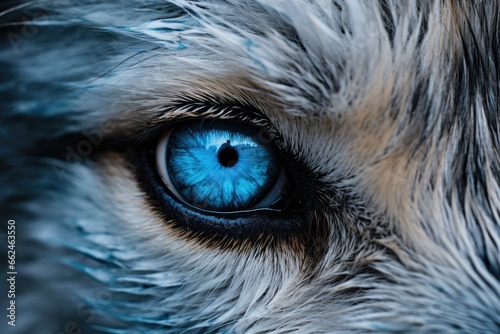 Blue eye of a fox close up. Blue eye of a fox, close up of super bright blue wolf eyes extreme detail, AI Generated
