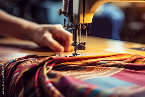 Close up of sewing machine with cloth. Sewing process concept, Close up of sewing machine and hand of seamstress working on fabric, AI Generated photo