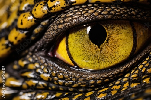 Macro image of an eye of a crocodile, extreme closeup, Close up of the yellow eye crocodile, AI Generated