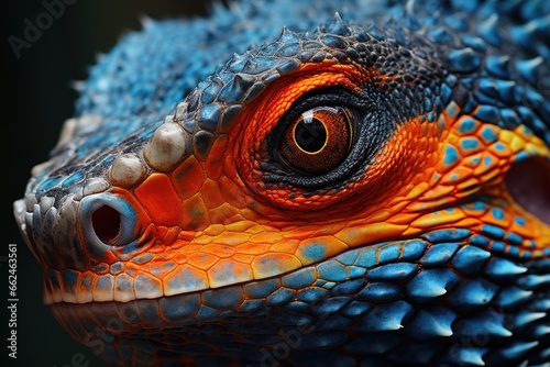 Close-up of a blue iguana s eye Pogona vitticeps  close up of iguana orange blue  AI Generated