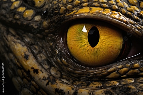 Close-up of the eye of a crocodile. Macro, Close up of the yellow eye crocodile, AI Generated