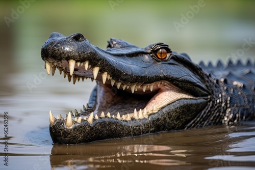 Close up of a crocodile in the water  Kruger National Park  South Africa  Closeup of a Black Caiman profile with open mouth against defocused background at the water edge  AI Generated