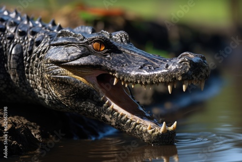 Crocodile with open mouth  Pantanal  Brazil  Closeup of a Black Caiman profile with open mouth against defocused background at the water edge  AI Generated