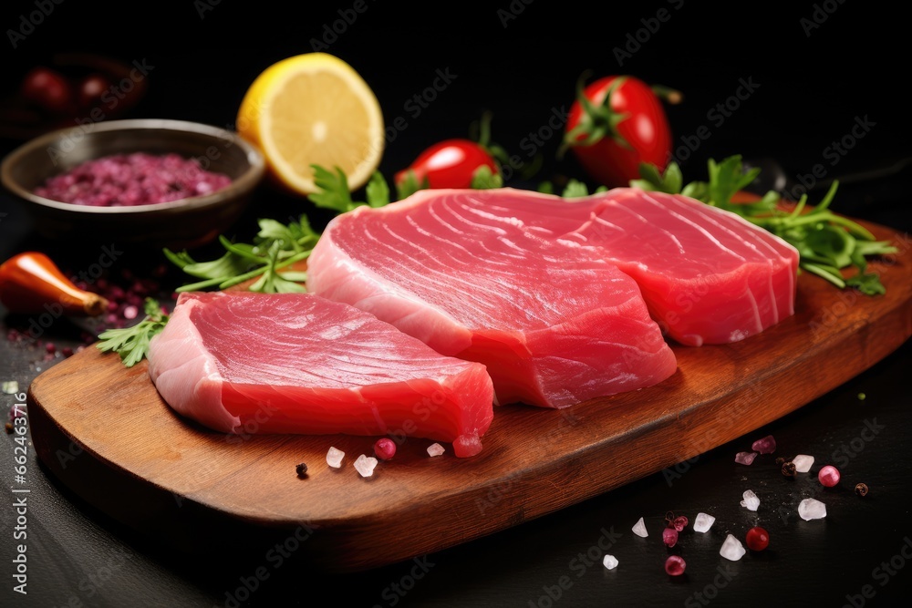 Raw tuna steak on wooden cutting board with herbs and spices on black background, closeup view of a fresh raw tuna steak on cutting, AI Generated
