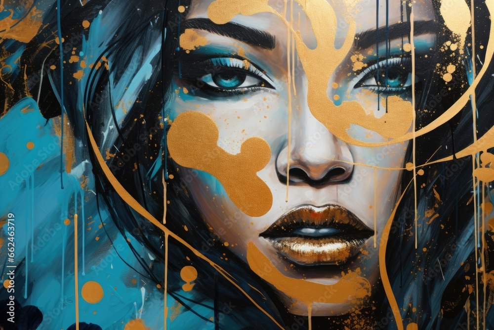 Close-up portrait of a beautiful girl with a painted face, closeup painting wall futurism overturned princess impressionism gold black aqua colors, AI Generated