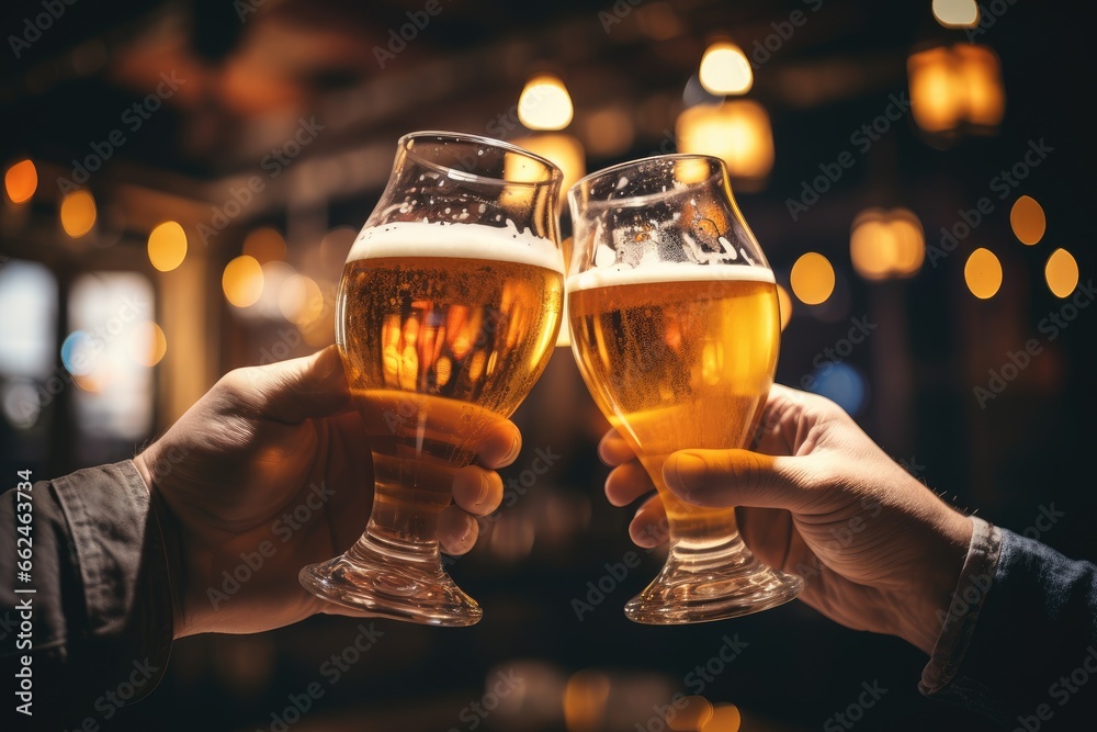 Close up of two male hands clinking glasses with beer in pub, Closeup view of two glasses of beer in hand. Beer glasses clinking in bars or pub, AI Generated