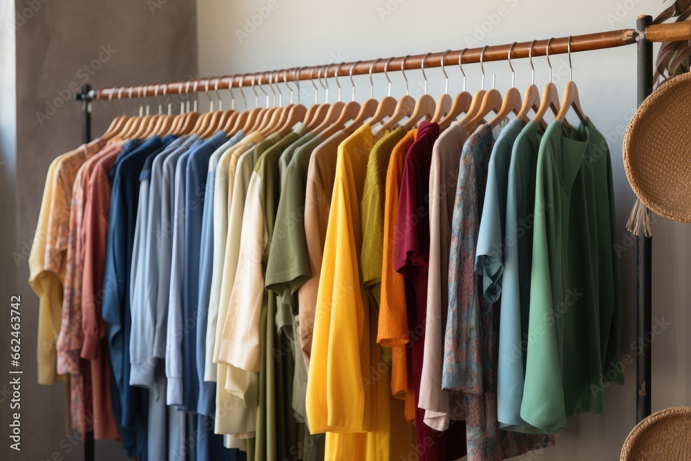 Colorful clothes hanging on hanger in modern dressing room, closeup, Clothing on hanger at the modern shop boutique, AI Generated Colorful clothes hanging on hanger in modern dressing room, closeup, Clothing on hanger at the modern shop boutique, AI Generated