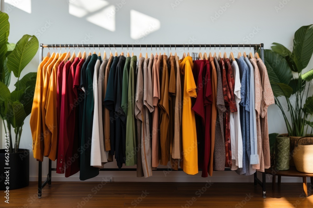 Clothing rack with different clothes on wooden floor in modern dressing room, Clothing on hanger at the modern shop boutique, AI Generated Clothing rack with different clothes on wooden floor in modern dressing room, Clothing on hanger at the modern shop boutique, AI Generated