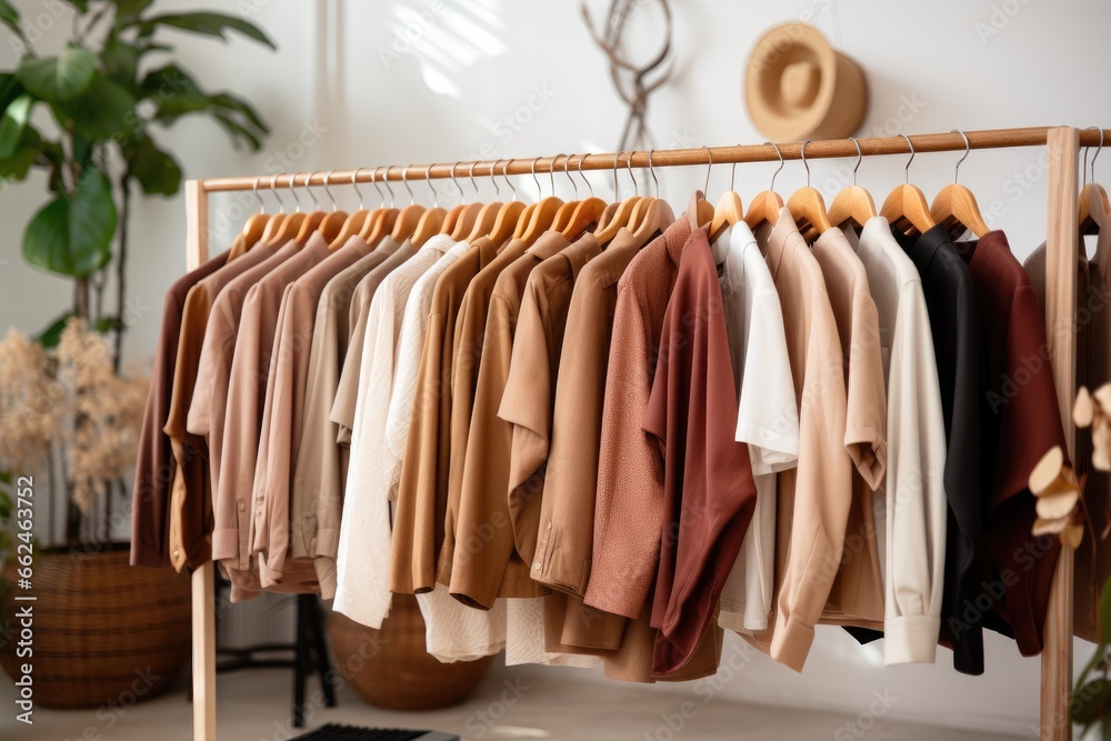 Rack with different stylish clothes in modern dressing room, closeup, Clothing on hanger at the modern shop boutique, AI Generated
