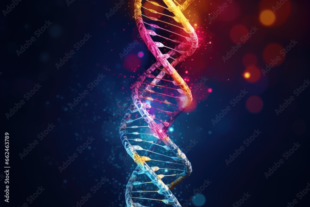 Obraz premium DNA structure on a dark background. 3d rendering, 3d illustration, code of genetic human Spiral DNA polygonal, AI Generated