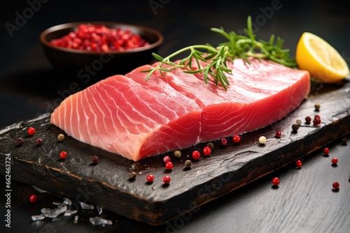 Raw tuna fish fillet with rosemary, pepper and lemon on black wooden background, closeup view of a fresh raw tuna steak on cutting, AI Generated
