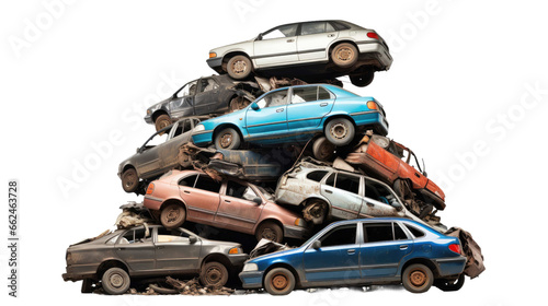 pile of recycled waste cars on transparent background