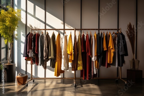 Fashionable clothes hanging on rack in modern dressing room, space for text, Clothing on hanger at the modern shop boutique, AI Generated © Iftikhar alam