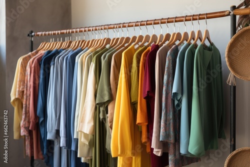 Colorful clothes hanging on hanger in modern dressing room, closeup, Clothing on hanger at the modern shop boutique, AI Generated
