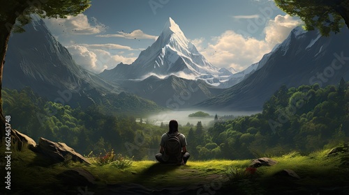  a person sitting on a hill looking at a mountain range.  generative ai © Olga