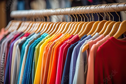 Colorful shirts on hangers in a fashion store. Shallow depth of field, Clothing on hangers in a fashion store. Shallow depth of field, AI Generated
