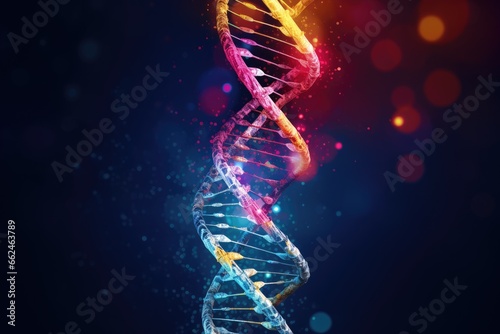 DNA structure on a dark background. 3d rendering, 3d illustration, code of genetic human Spiral DNA polygonal, AI Generated