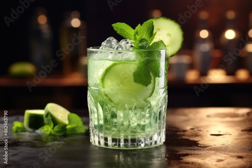 Cucumber mojito cocktail with lime and mint on bar counter, Cocktail with cucumber, ice on bar counter in a restaurant, pub, AI Generated
