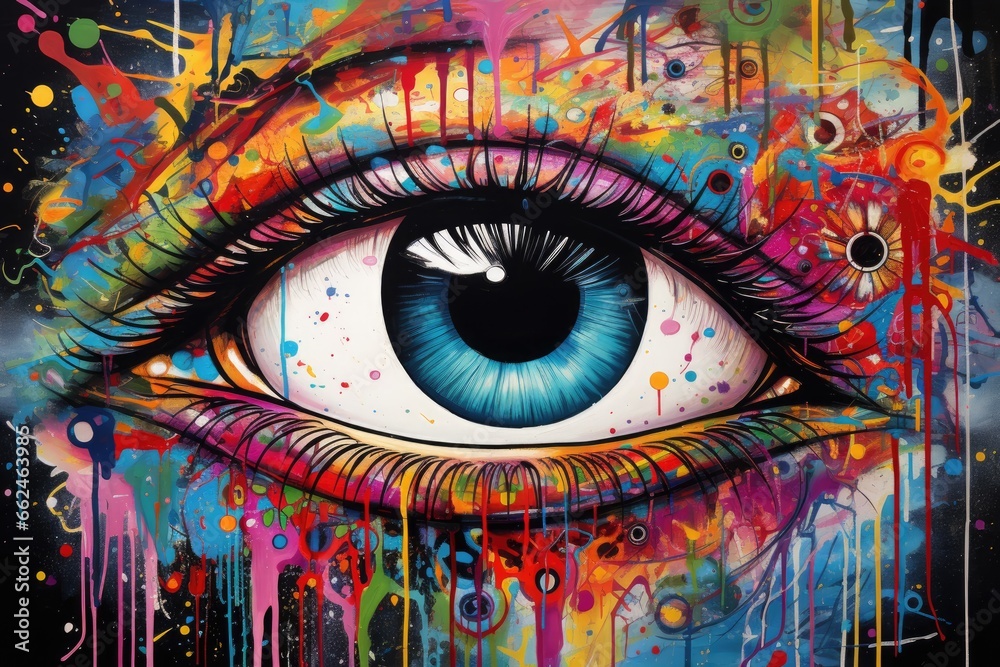 Colorful eye with abstract painting. Computer generated illustration. 3D rendering, colorful eye painting, AI Generated