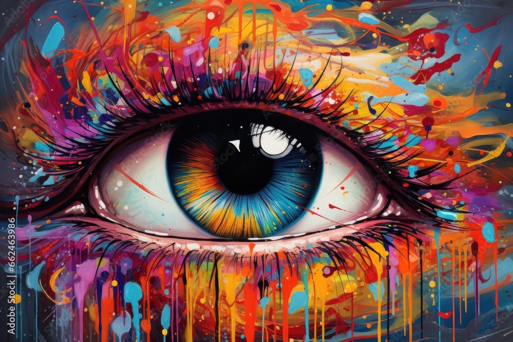 Close up of beautiful female eye with abstract colorful paint splashes, colorful eye painting, AI Generated