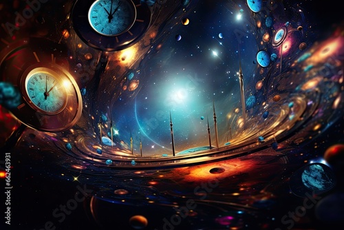 abstract scene with clocks and planets in space. 3d rendering, Colorful abstract wallpaper texture background, Universe and time travel between stars and planets, AI Generated photo