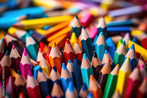Colorful pencils background. Selective focus and shallow depth of field, Colored sharpener pencils. Macro shot of many color pencils, AI Generated