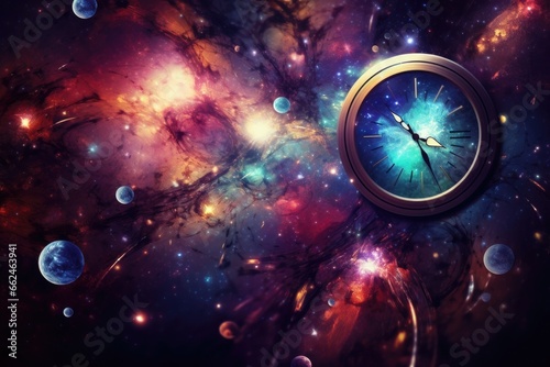 Time concept with clock and planets in space. 3D Rendering, Colorful abstract wallpaper texture background, Universe and time travel between stars and planets, AI Generated