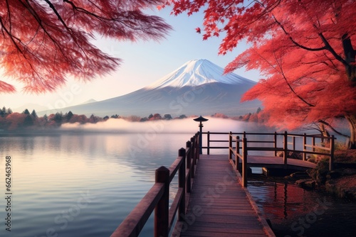 Mt Fuji and Lake Kawaguchiko in autumn, Japan, Colorful Autumn Season and Mount Fuji with morning fog and red leaves at lake Kawaguchiko, AI Generated