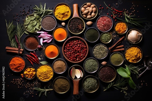 Variety of spices and herbs on black background. Top view, Colorful collection spices and herbs on background black table, AI Generated