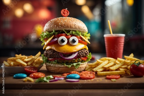 A playful burger shaped like a cartoon character